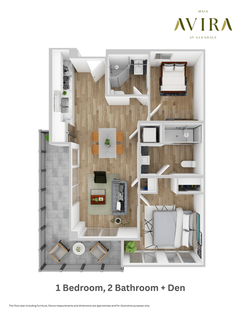 Floor plan for 1 bed, 2 baths, 764 sqft